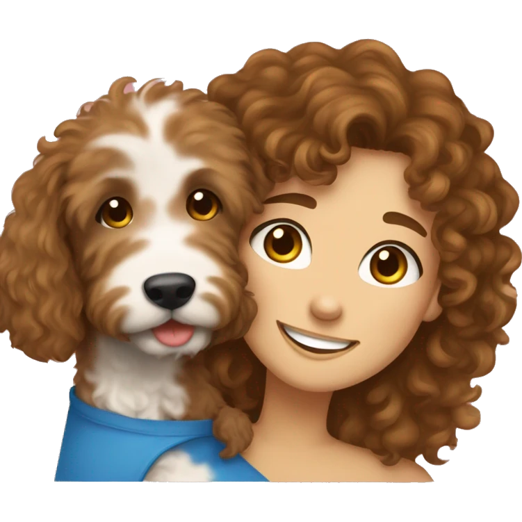 Girl with curly brown hair and blue eyes hugging a Goldendoodle and smiling emoji