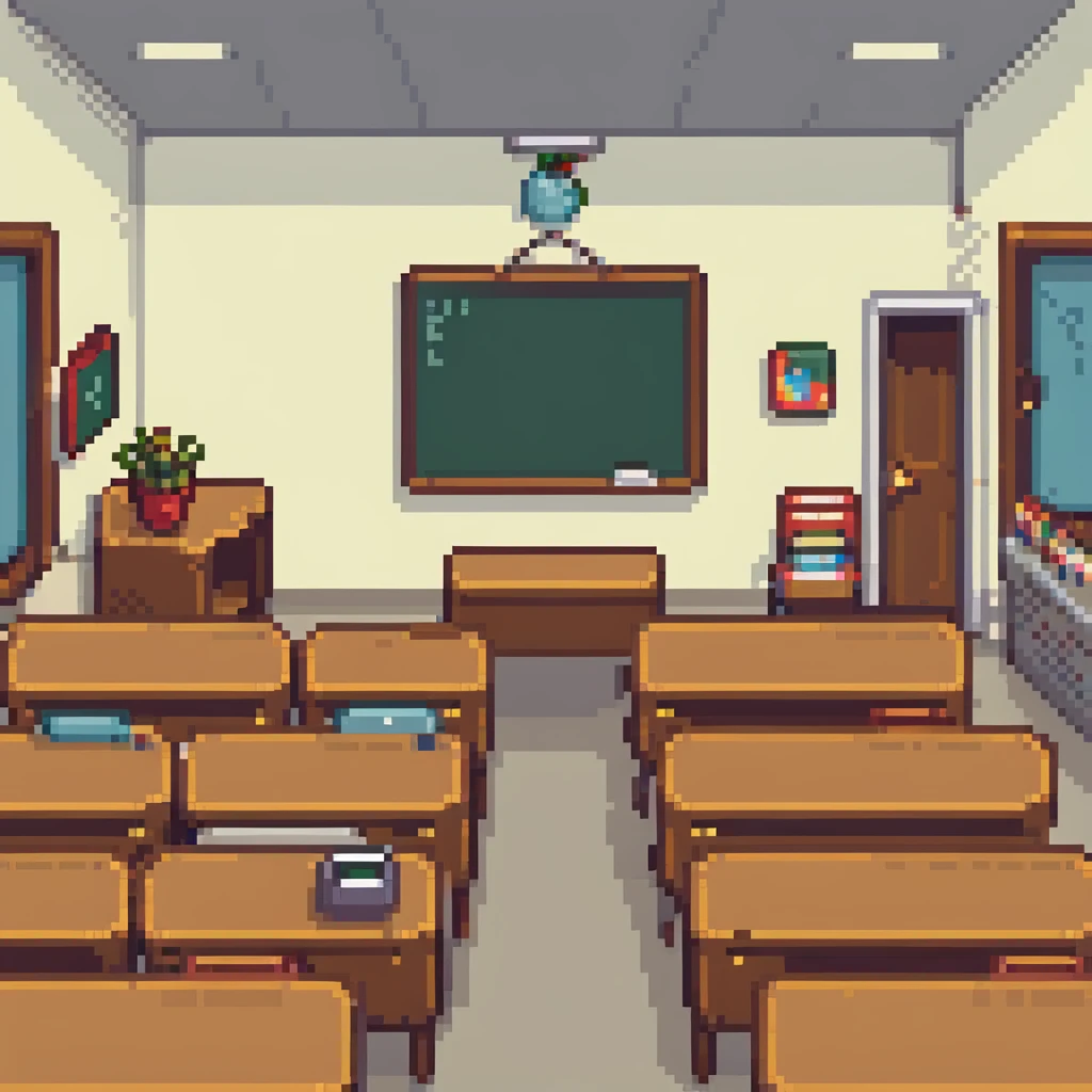 classroom with a group of students interacting in pixel art style emoji