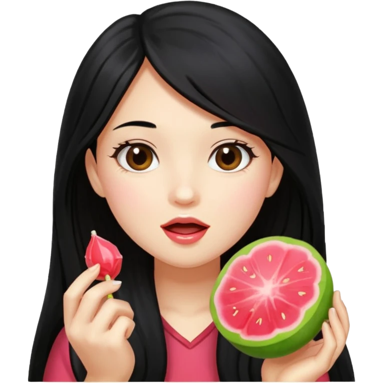 A girl with long black hair holding a piece of guava hard candy and pretending to eat it emoji