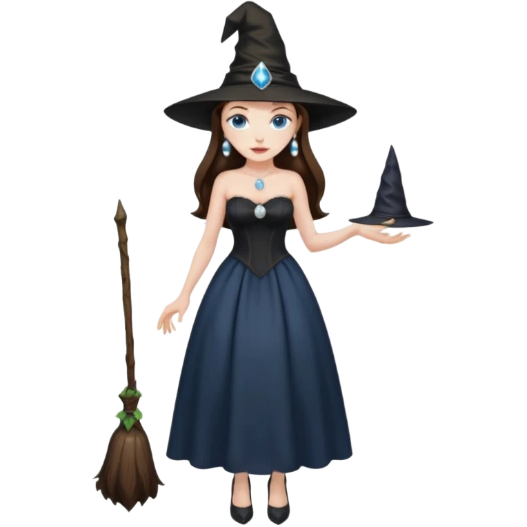 woman brunette, very large breasts, pale skin, blue eyes, long brown hair, black strapless dress, witch hat, pearl earrings, smirking, in black heels, standing, head to toe, full body, zoomed out, entire outfit visible emoji
