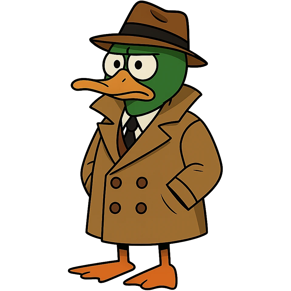 Transform the duck detective into a mallard with a distinctive green head and brown chest, maintaining the cartoon detective style, with no background. emoji