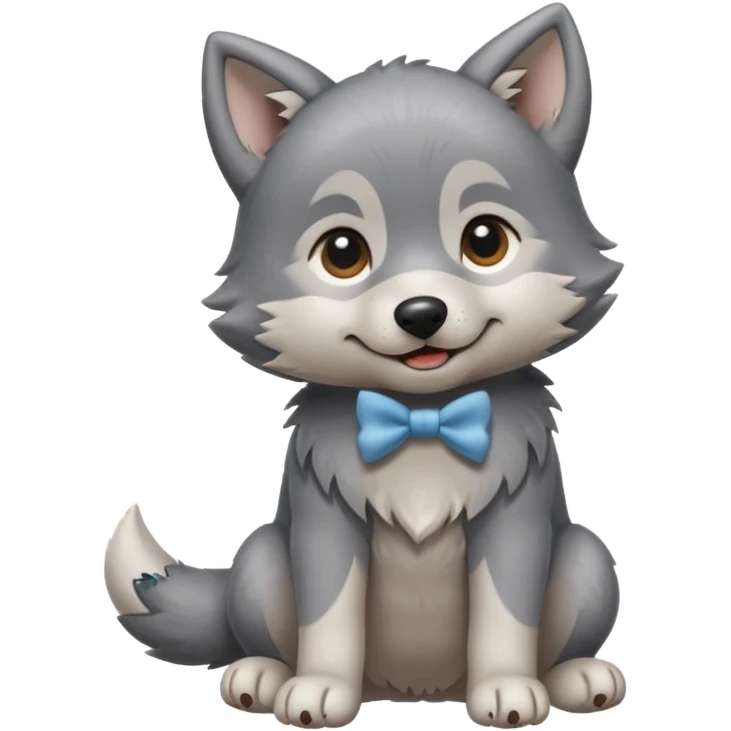 an animated gif sticker emote of a wolf puppy in a play bow wagging its tail in a smooth, natural arc over its back emoji
