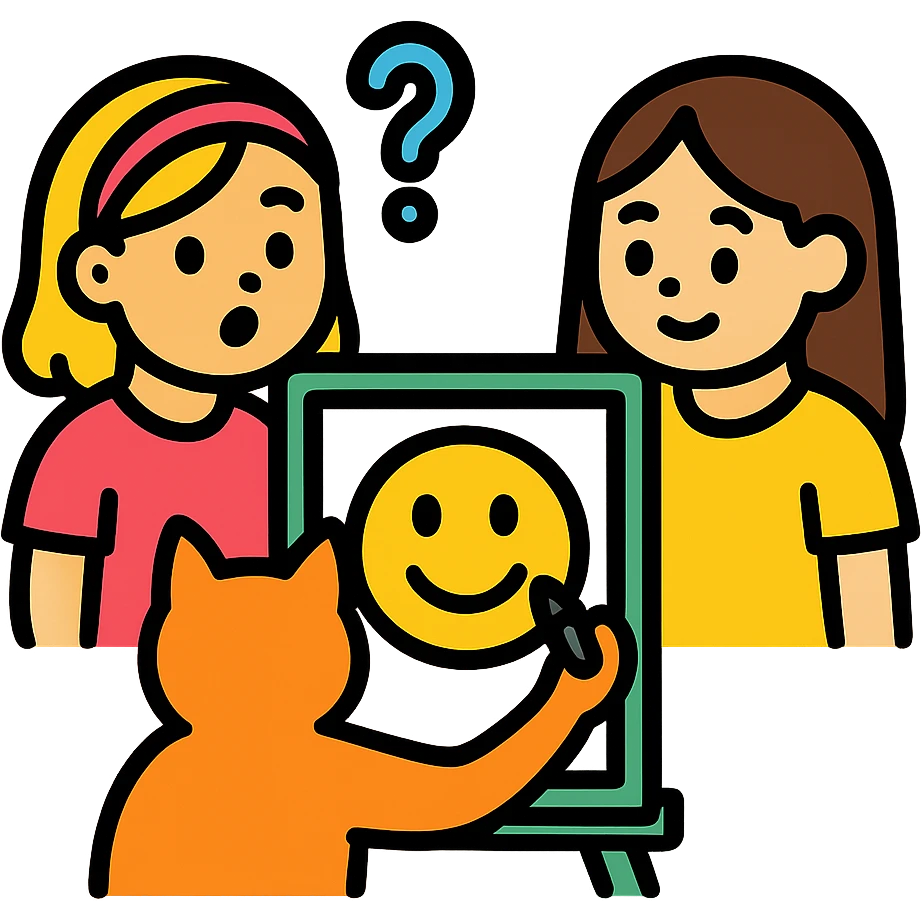 two girls guessing as a kitty draws an emoji, vibrant color icon emoji