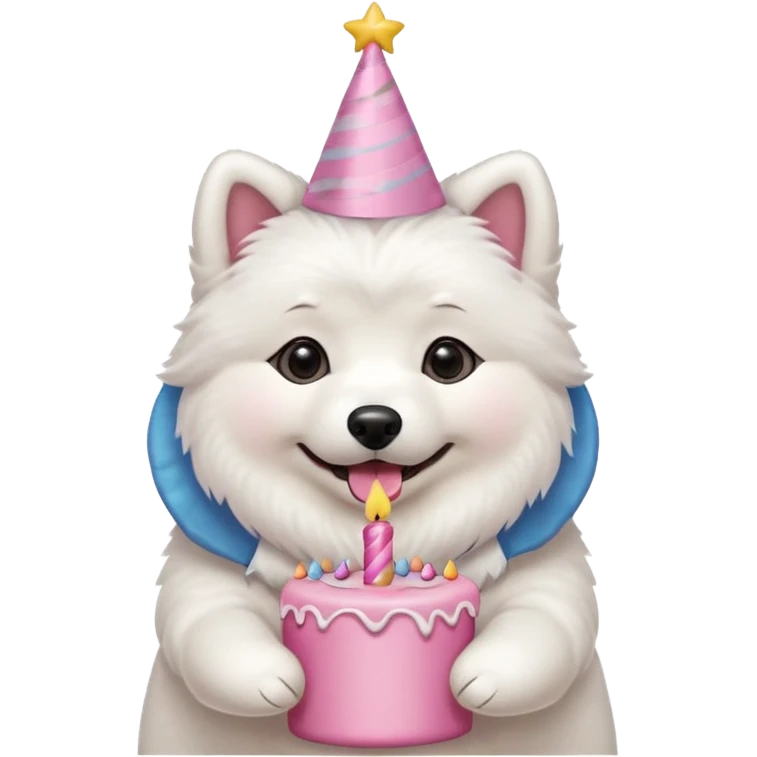 cute samoyed hold a pink birthday cake in both arms with pink birthday hat emoji