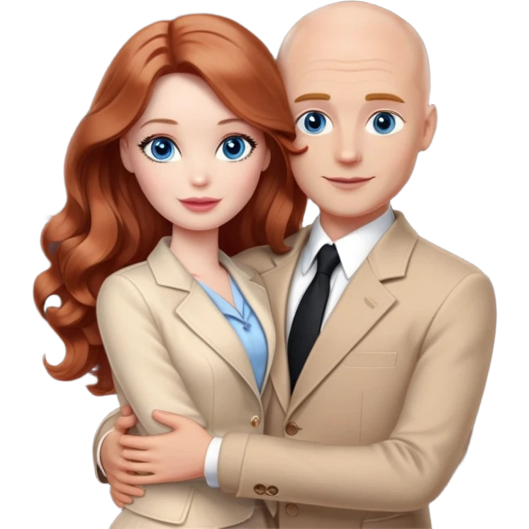 Barbie girl  , eyes blue , Chestnut red long wavy hair In pale beige clothes, Hugs a man with light brown hair bald, brown eyes , and a black suit emoji