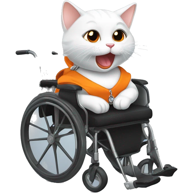 a white smiling kitty with her tongue out dressed in black and orange and in a wheelchair with handcuffs  emoji