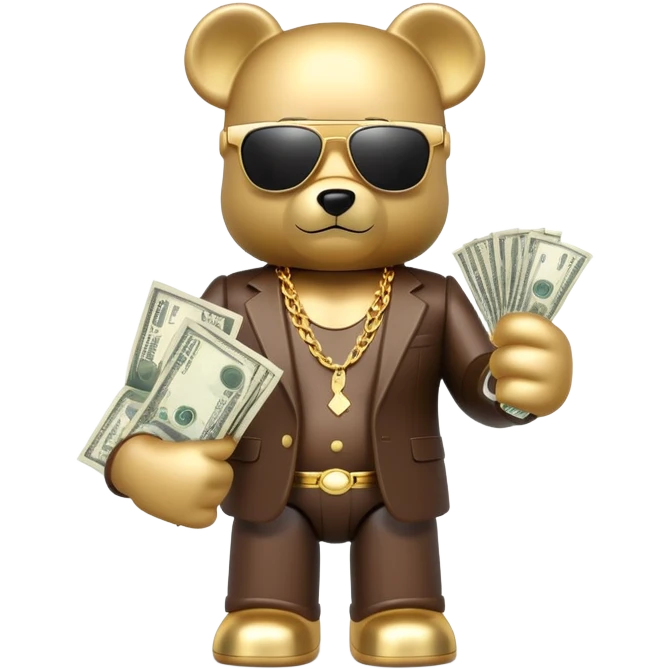 hustler bearbrick toy figure wearing gold chain, sunglasses and money emoji