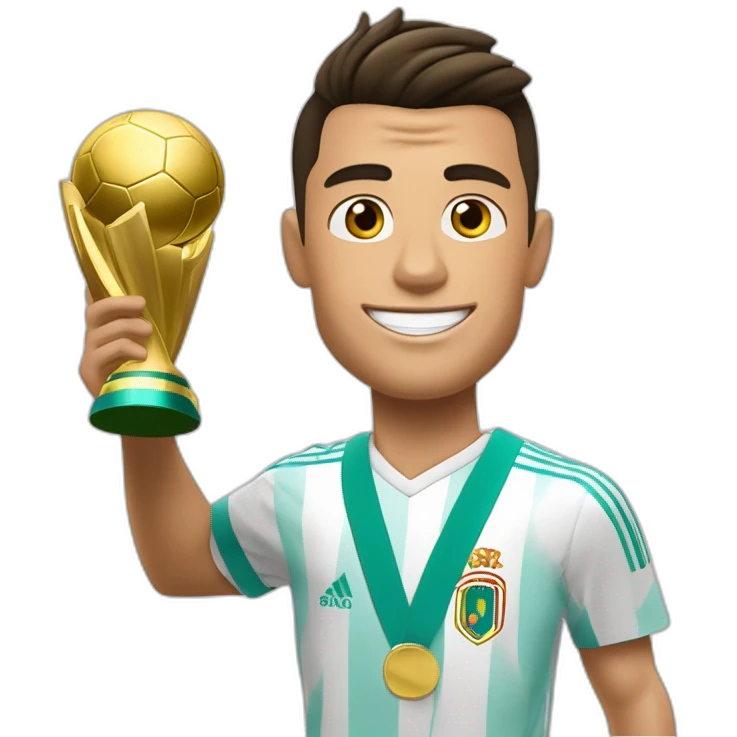 cristiano ronaldo con el balon de oro en sus mano izquierda y en la otra la copa del munidal emoji