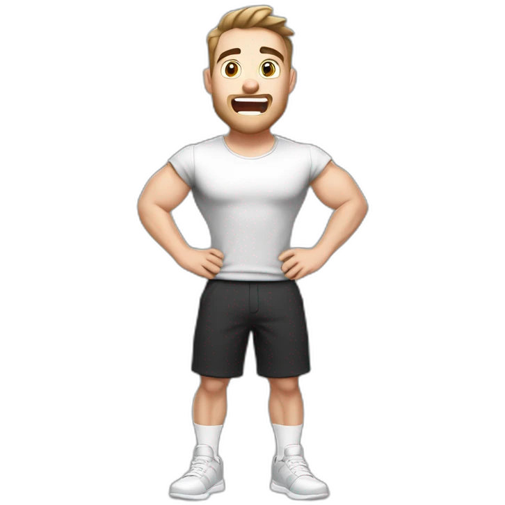amazed Open with surprise mouth Pale skinned Fit Man With the biceps and dark brown hair in black shirt, gray sports shorts and white Sneakers emoji