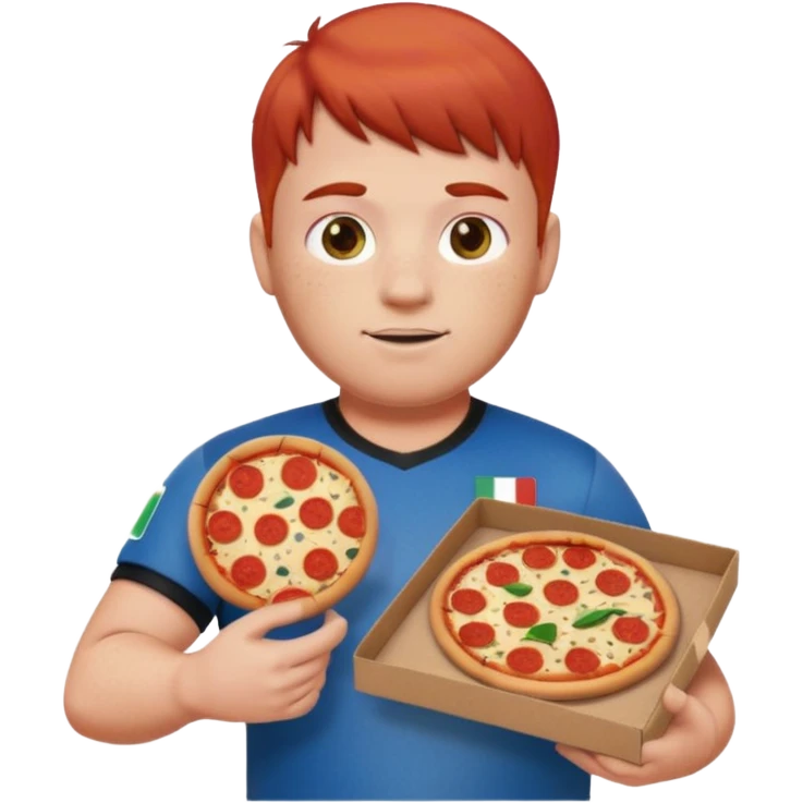male emoji with red hair in faded cut and styled bangs, chubby build, light freckles, wearing black baggy jeans and 2024 Italy home soccer jersey, holding a pizza box emoji