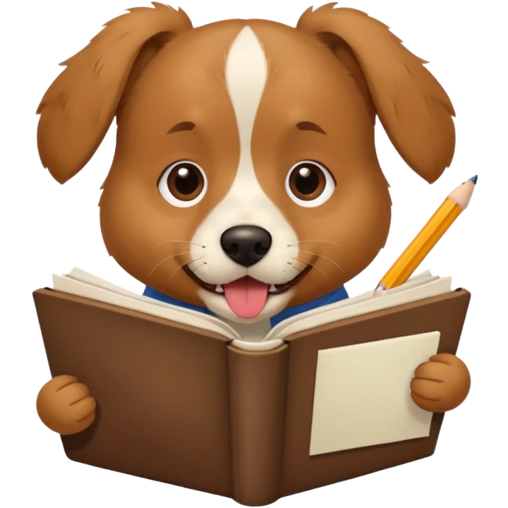 dog with a piece of chewed homework in its mouth, playful emoji