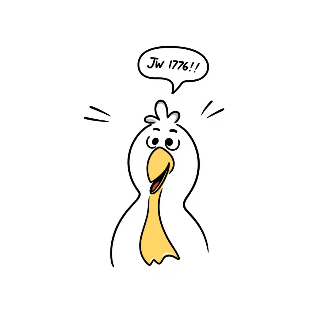 shouting yellow long neck chicken with a funny expression, 'JW 1776' in a speech bubble emoji