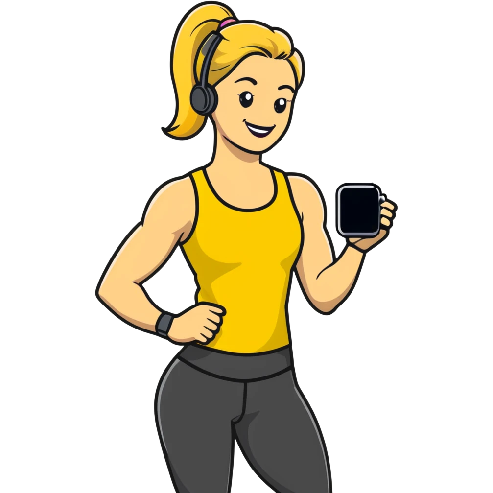 Sporty blonde woman in yellow top and black leggings, showing bicep, smiling, with wireless earbud and Apple Watch emoji