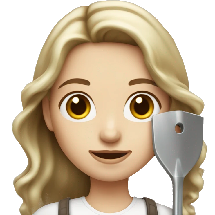 Woman holding one metal shovel with pale skin and hair brown highlights long wavy emoji