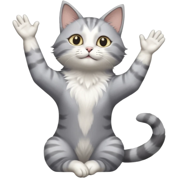 grey and white cat doing a big long stretch reaching up into the airwith arms together emoji
