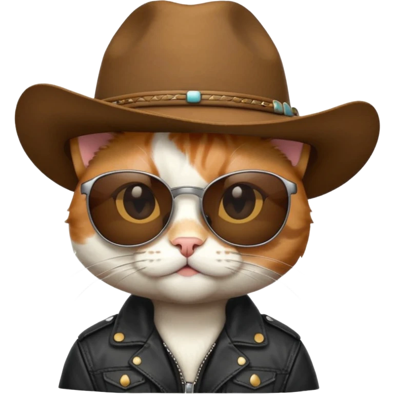 Calico cat wearing sunglasses, a black leather jacket and a cowboy hat emoji