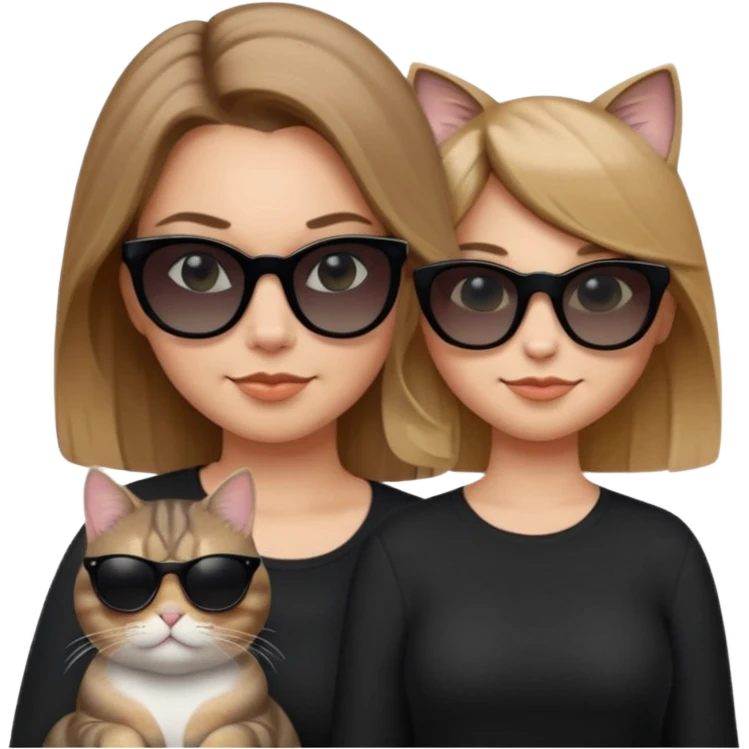 white woman with long light brown ombre hair past shoulders, wearing black clothes and very opaque black sunglasses, smirking and looking cool, next to a chubby grey tabby cat with very opaque black sunglasses, also smirking and looking cool, Apple emoji style, only one woman and one cat emoji