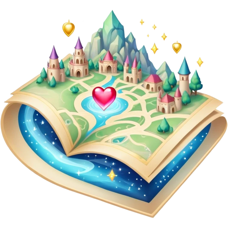 Enchanted floating folded map surrounded by magical sparkles and heart-shaped auras, mystical love journey map emoji