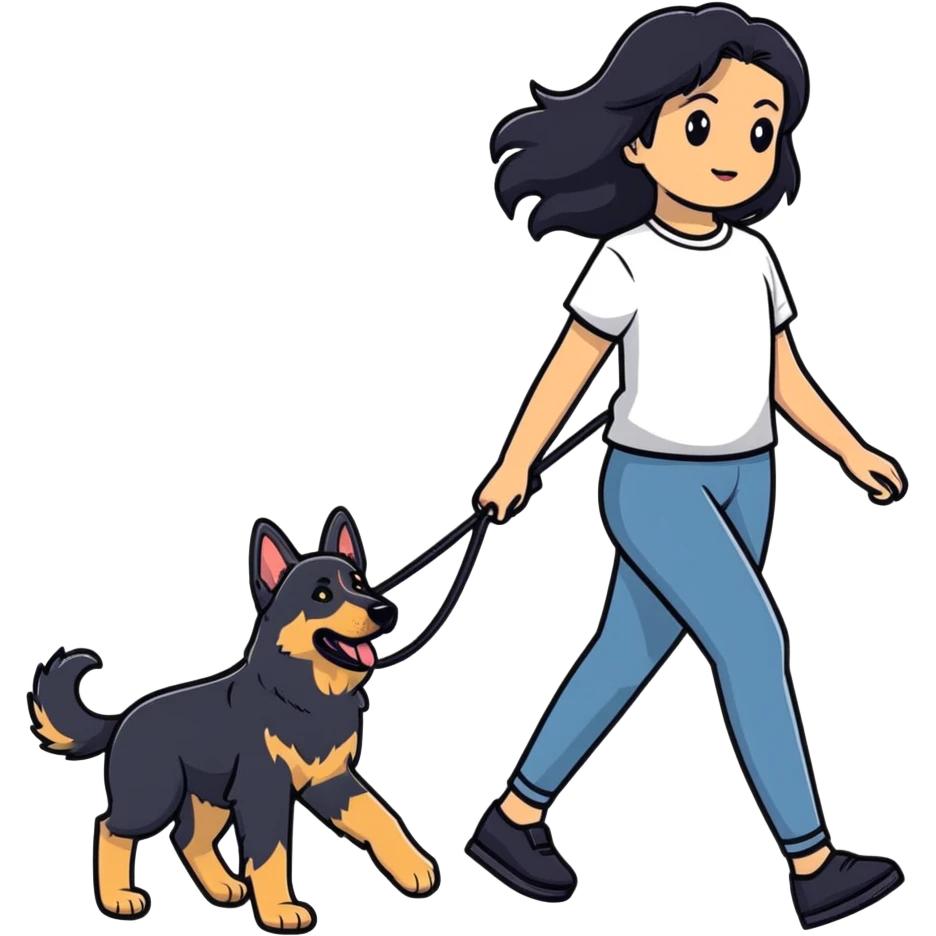 girl with long black hair walking a German Shepherd emoji