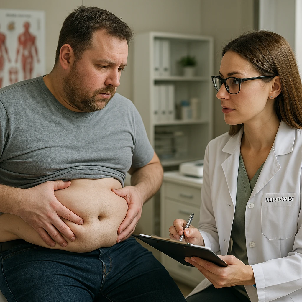 hyper realistic 4K image of a man consulting a nutritionist, showing stubborn belly fat, clinical scene details emoji