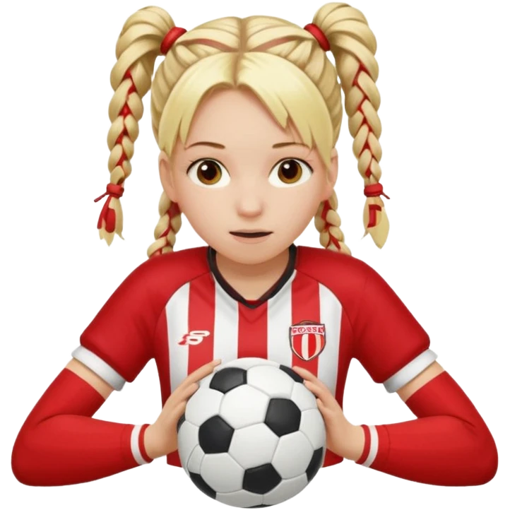Chica de pelo rubio tirada en el suelo boca abajo agarrando un balón con las manos vestida con una equipación de color rojo y blanco con líneas y con unas botas de tacos de fútbol, con un bucal en la boca y el pelo con trenzas emoji