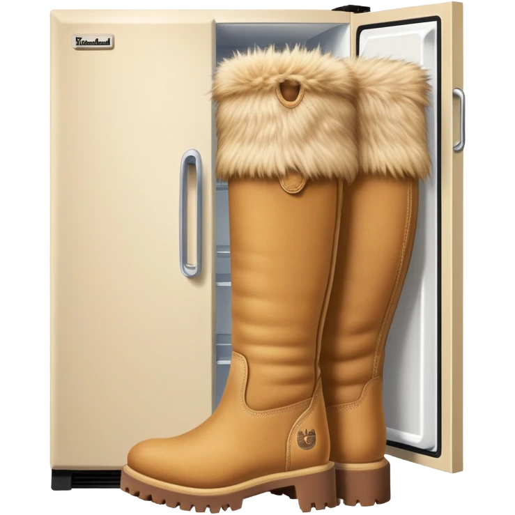 A white kitchen refrigerator with camel head poking out from an open door and furry camel legs wearing classic wheat-colored Timberland boots emoji