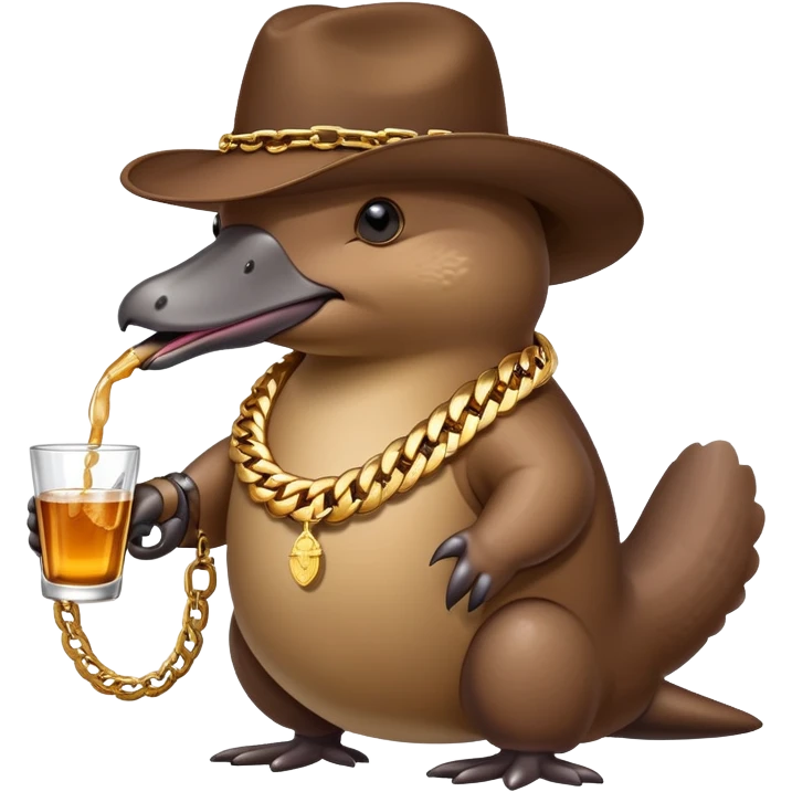 Platypus drinking tequila with a Cuban link chain on and a gun in his hand  emoji