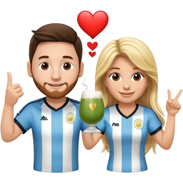 Messi in Argentina jersey and Shakira in a stage outfit, toasting with yerba mate, both smiling, cute and fun emoji style, with hearts around them emoji