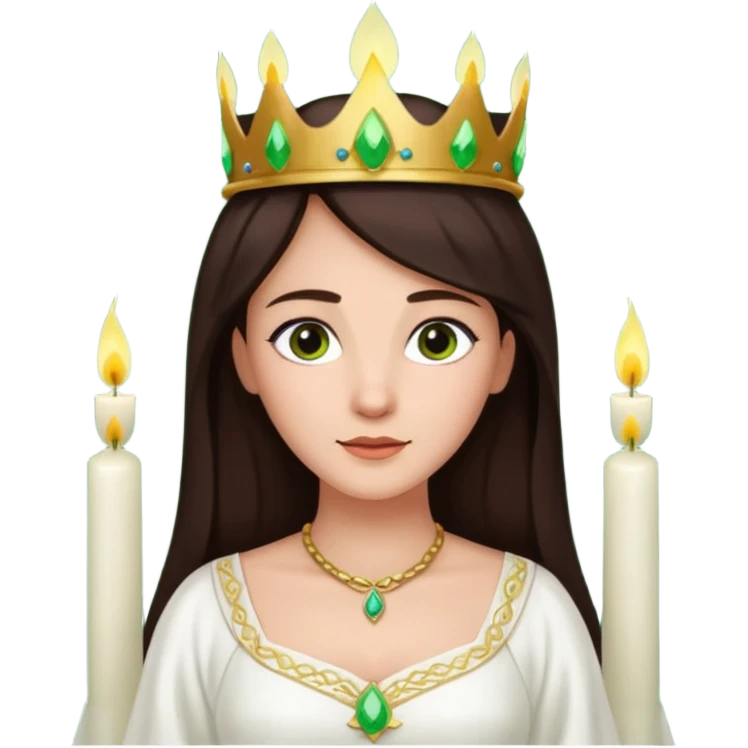  saint lucia with dark brown hair with a white gown and a green crown with candles on the crown emoji