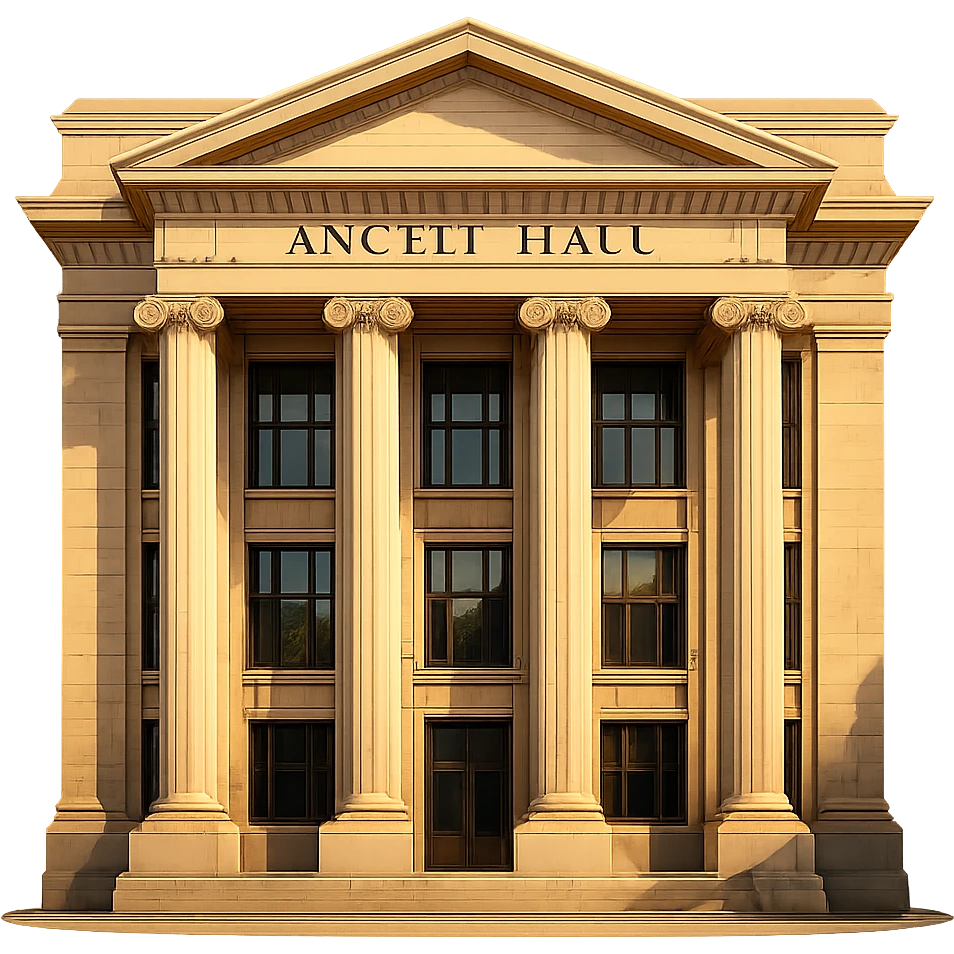 cinematic, realistic emoji of Angell Hall at the University of Michigan in Ann Arbor, straight-on perspective, featuring its iconic neoclassical architecture with columns, lifelike detail, bright regal lighting as on a sunny day, accurate building colors, transparent background emoji