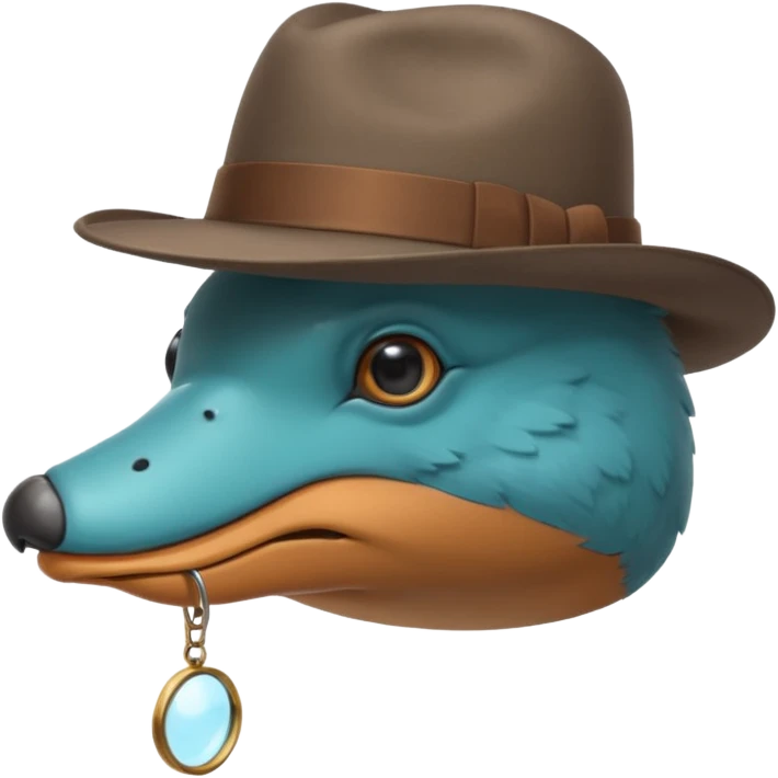 cute light blue turqiouse platypus head with a detective hat and monocle on his eye, no  hands, looks like a platypus but blue, the hat and suit are not blue emoji