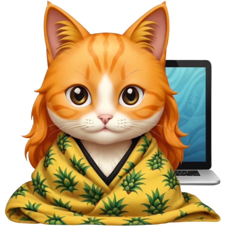 An orange female cat with a computer, with long eyelashes and black wavy hair,
She wears a blanket with pineapple patterns on her body, There's no pineapple emoji