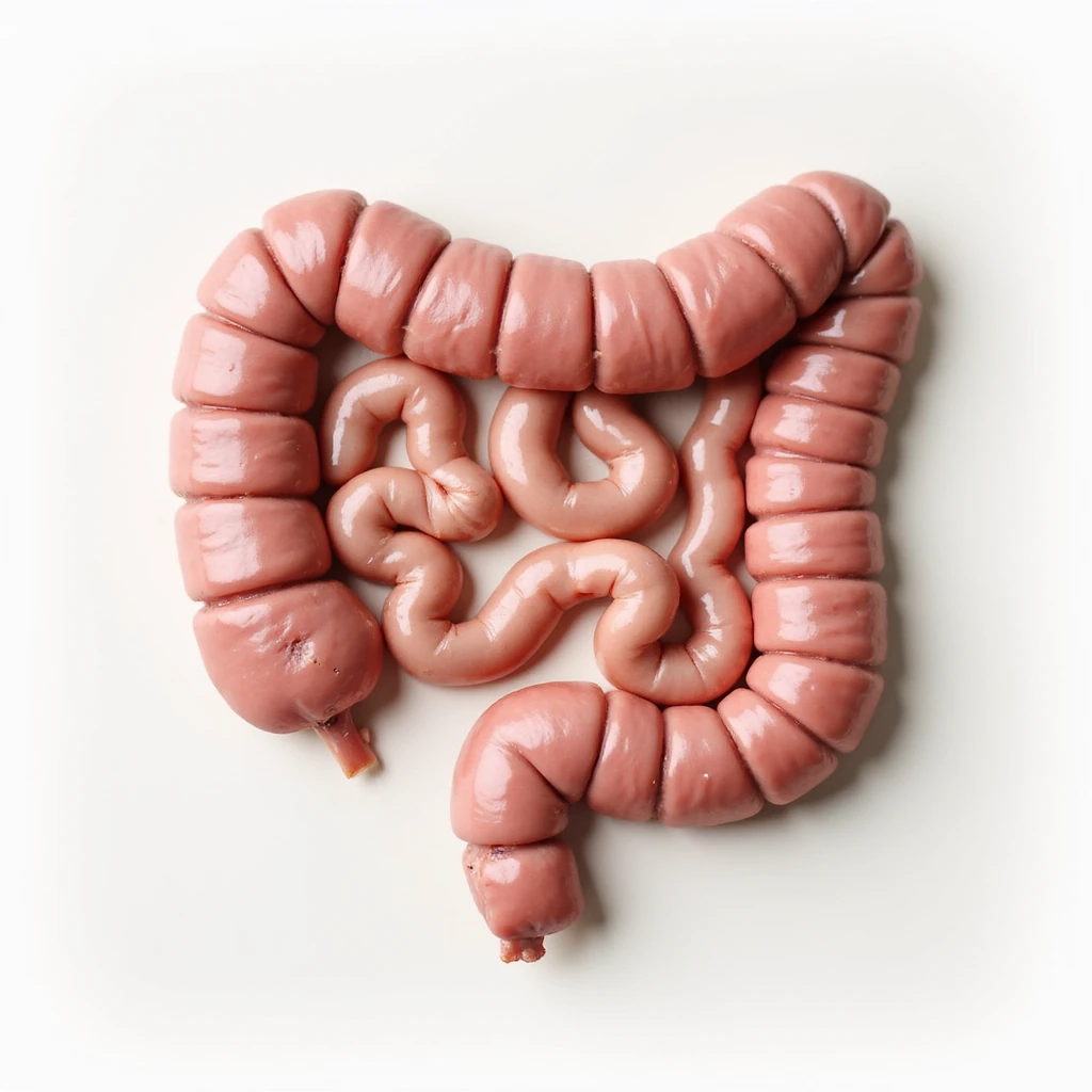 healthy human intestine, anatomical, realistic details, pinkish color, smooth walls, clean appearance, no signs of disease, neutral background emoji