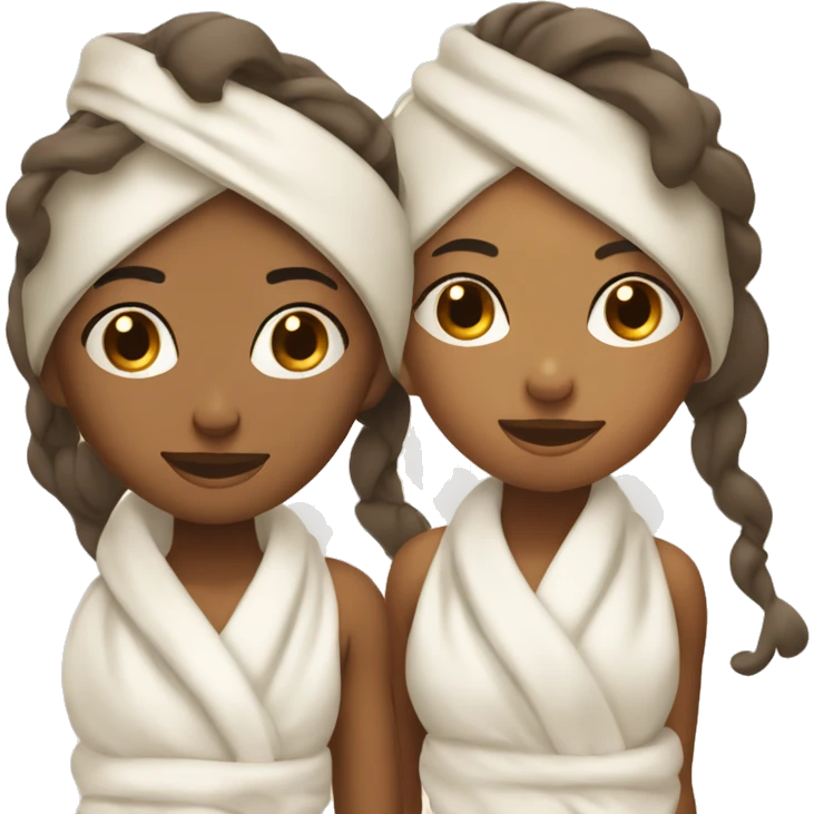 two girls with their eyes closed with towels on their heads and face cream on one white and one tan emoji