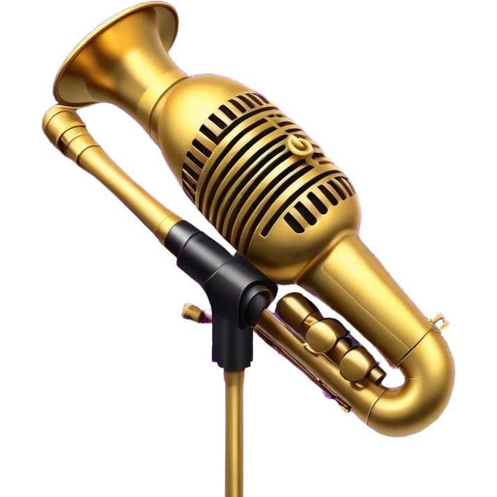 Create a vibrant and expressive emoji representing jazz vocal performance. The design should feature a vintage microphone at the center, surrounded by musical notes and soundwaves flowing outward, symbolizing the vocal improvisation and fluidity of jazz. Include key instruments often associated with jazz vocals, such as a jazz piano (stylized black keys) in the background and a saxophone or trumpet, giving it a true jazz vibe. Add soft lighting effects to evoke the intimate, atmospheric feel of a jazz club. Use rich colors like gold, black, deep purple, and red to reflect the soulful, smooth nature of jazz. The background should be transparent. emoji