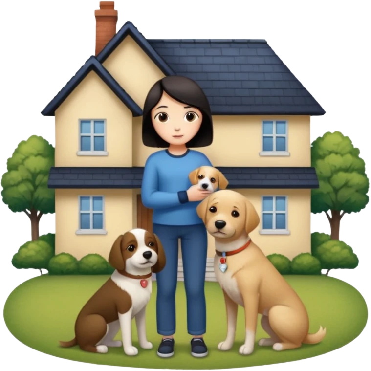 Девушка с тёмными короткими волосами стоит на фоне большого дома рядом с ней стоит мужчина со светлыми волосами обнимаются и рядом собака emoji
