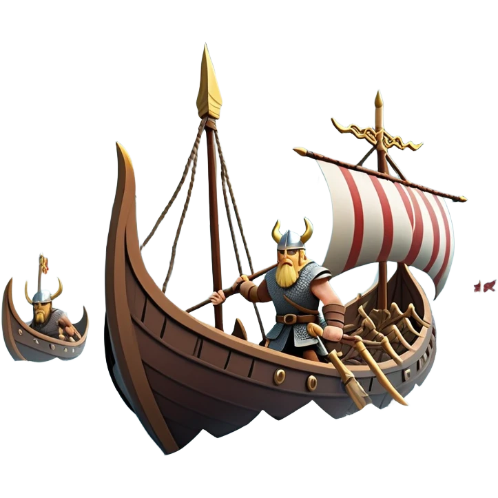 clash-of-clans-aesthetic_-cinematic-viking-longboat, rendered in a flat, bold vector style with minimal shading, featuring a striking dragon-headed prow slicing through icy, churning waters. shields on the side and vikings rowing The longboat’s intricately detailed shields and carved motifs evoke a sense of epic adventure and Nordic might, with billowing sails catching a dramatic, stormy sky backdrop. emoji