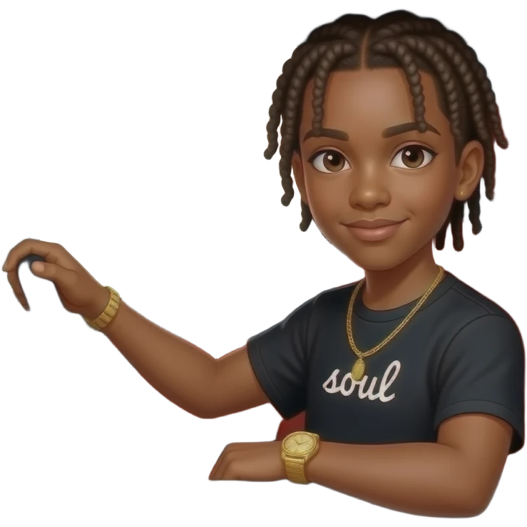 African American teenage boy with cornrow braids wearing a black shirt with the word soul on it wearing a gold watch wearing a gold tennis necklace sitting in a white Mercedes Benz G-Wagon truck with red interior emoji