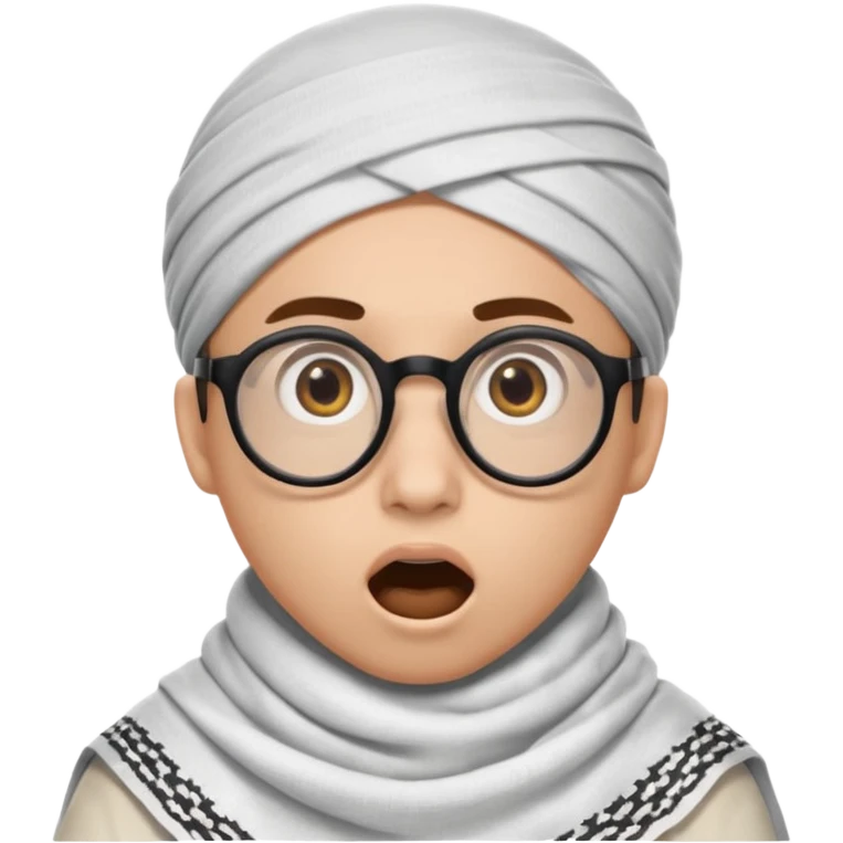 A person with light skin tone, wearing a traditional white keffiyeh with a black agal, large brown eyes, round glasses, and an open mouth showing a surprised or shocked expression. emoji