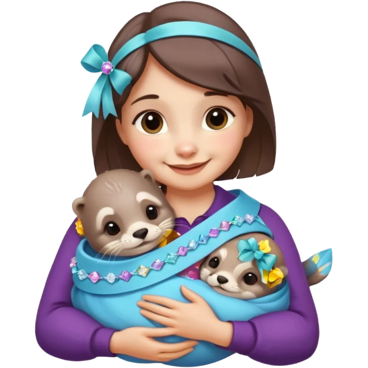 woman hugging baby otters with ribbons and crystals emoji