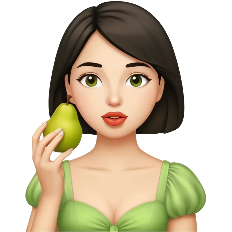 Dua Lips in a light green dress without a bra eating a pear emoji