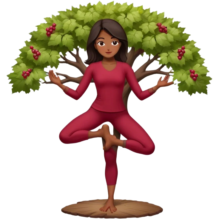 A serene dark hair woman practicing the Tree Pose (Vrksasana), embodying stability with wine red clothes  emoji