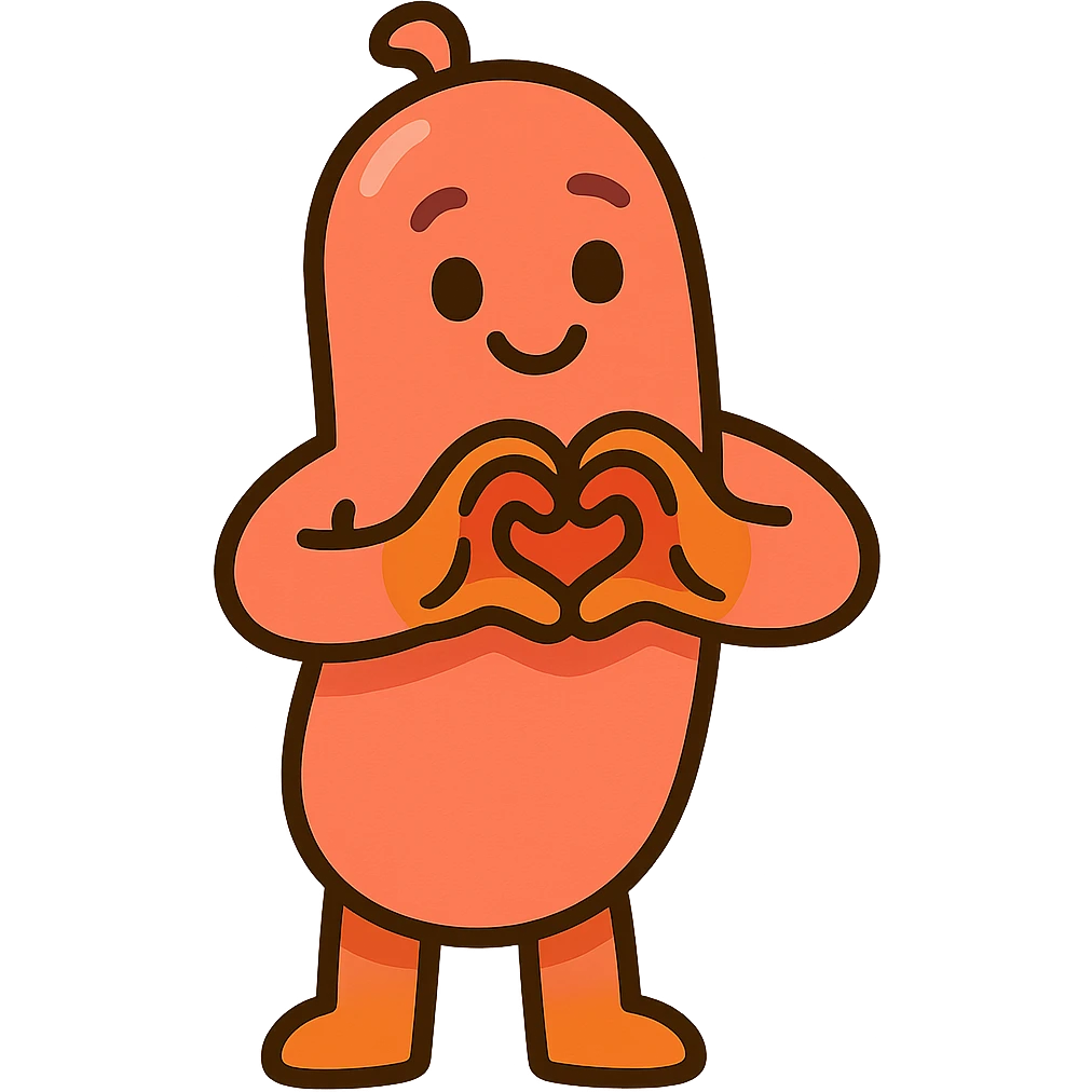 a cute, friendly sausage-shaped humanoid with a pinkish-orange body, forming a heart with its hands emoji