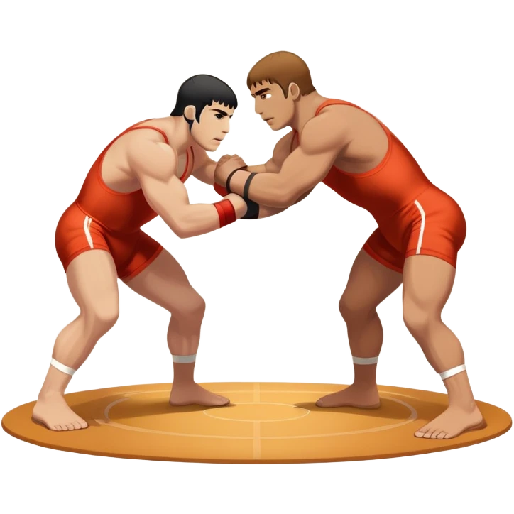An icon symbolizing Greco-Roman wrestling, showing two wrestlers locked in a powerful grip, focusing on upper-body techniques. The background features a wrestling mat, with the athletes wearing traditional singlets. Transparent background highlights the strength and skill of the sport. emoji