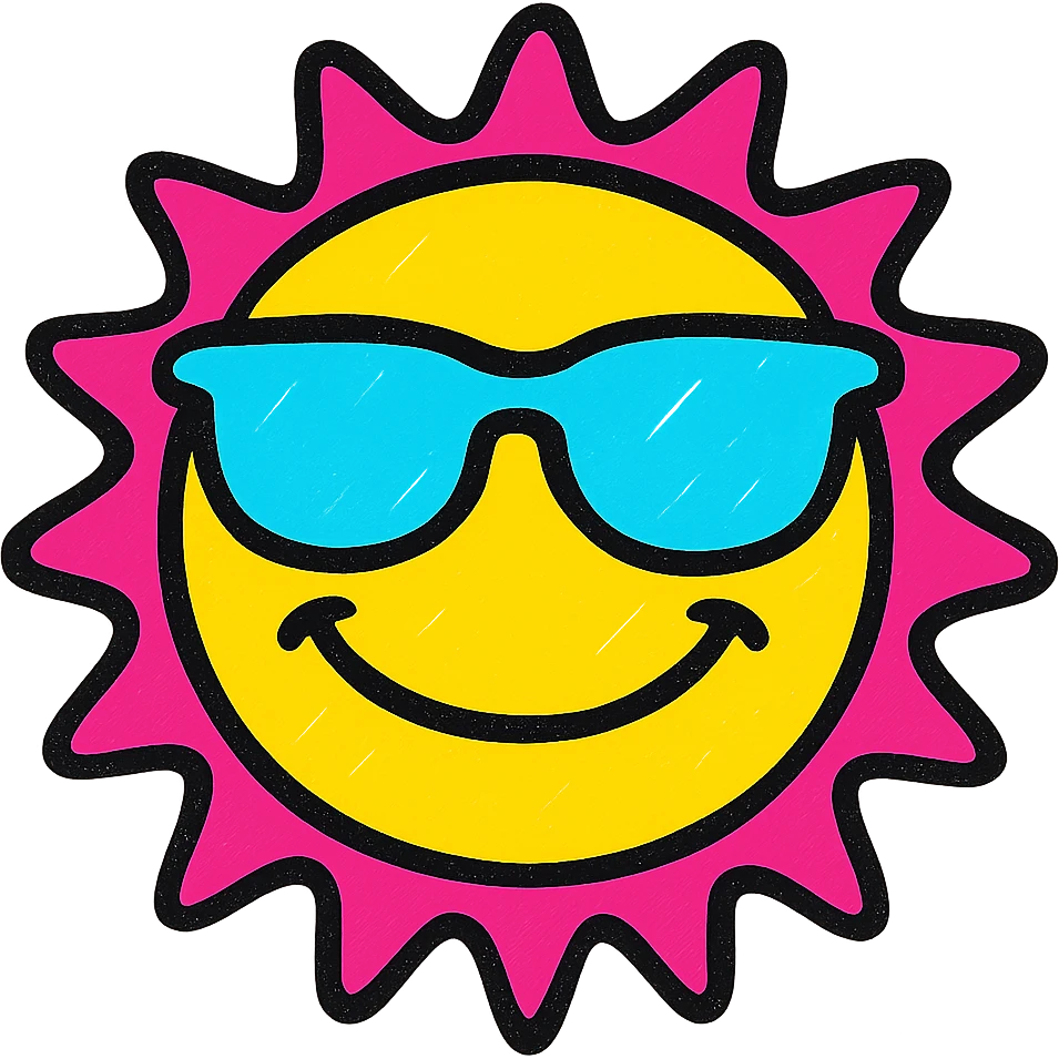 a smiling sun with sunglasses, vibrant and playful, pop colors style emoji