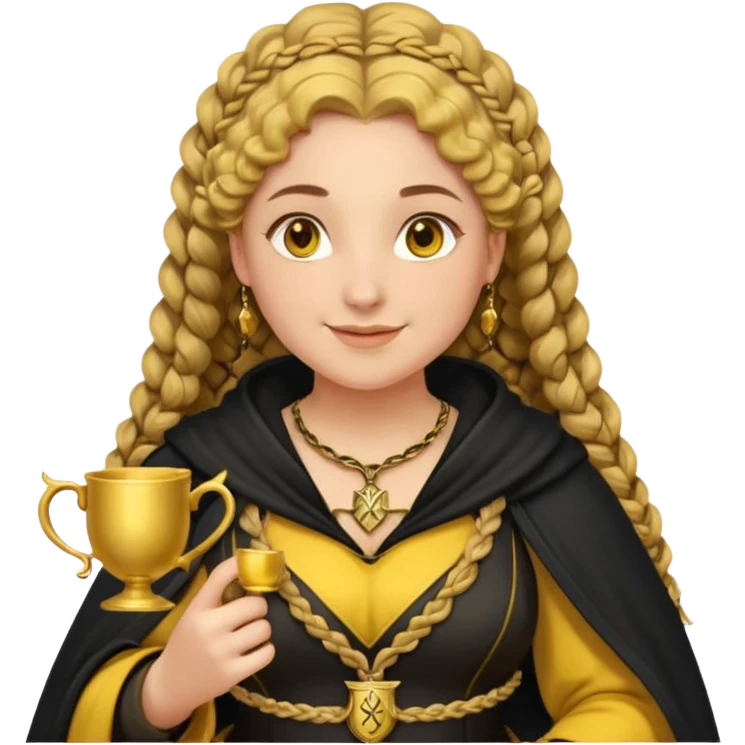 Helga Hufflepuff, 2 curly thick brown braids, yellow-black medieval dress, black cloak decorated with gold braiding, tiny two-handled shiny yellow-gold cup, very kind smile, curvy busty sweet woman, thick rosy cheeks emoji