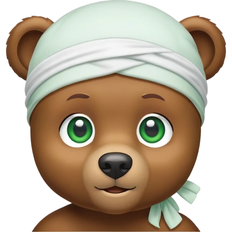 Cute brown bear head with green eyes wearing a white durag, hip style, iOS emoji style emoji