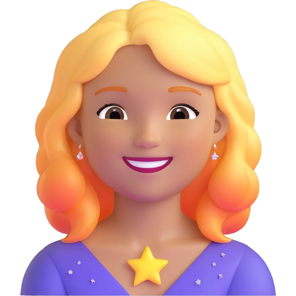 girl with glowing hair and radiant skin, confident smile, sparkles around her emoji