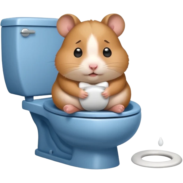 Cute chubby cartoon-style hamster sitting on toilet pooping looking as if he had an accident emoji