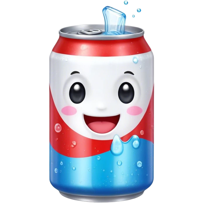 Cute Kawaii Soda Can, bubbly and vibrant, bright red and blue stripes, playful fizz popping around, a chubby happy face with wide sparkling eyes, energetic and refreshing! emoji